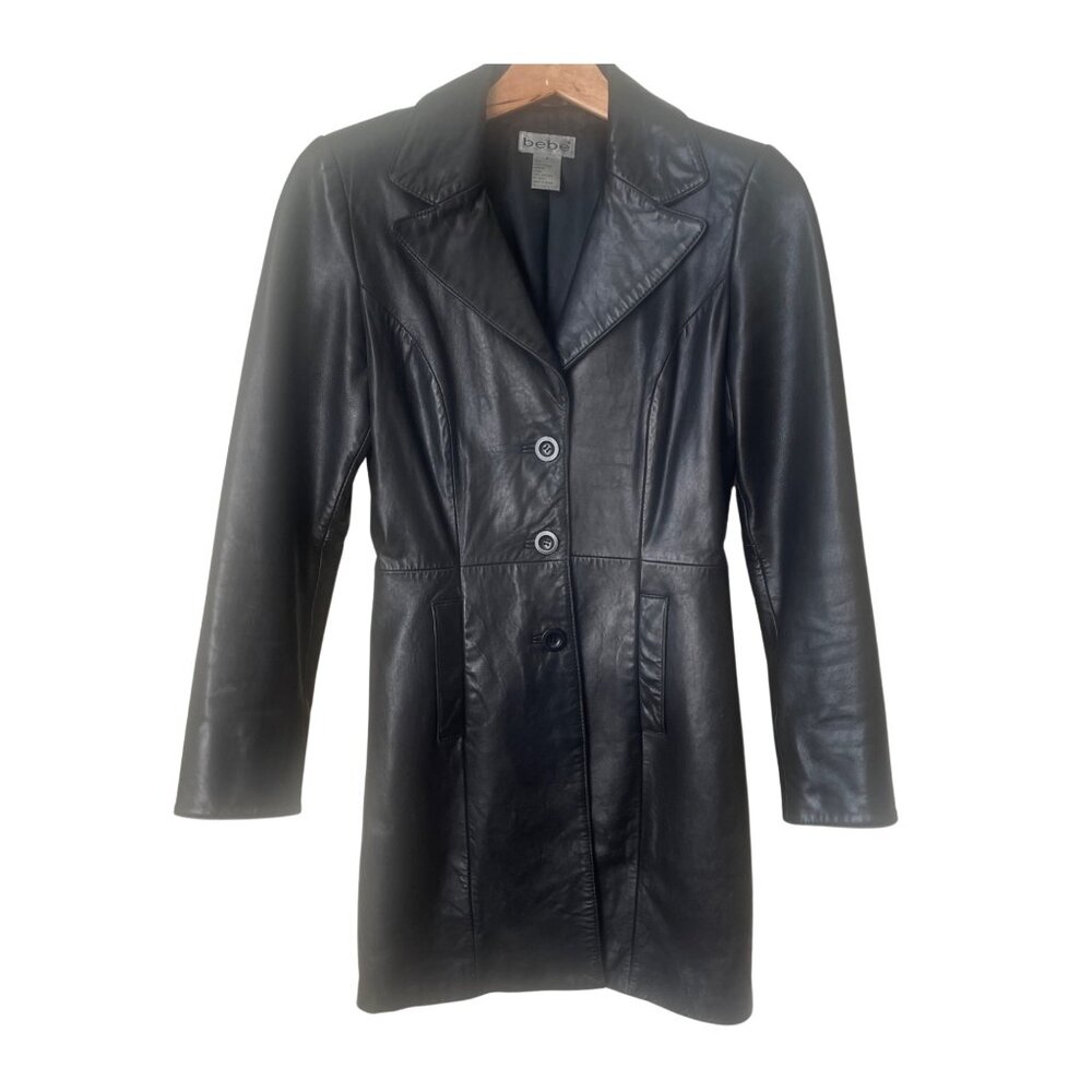 Bebe Soft Black Leather Women Blazer Cut Fully Lined Jacket Coat Size Petite